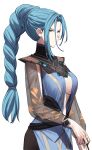  1girl absurdres armor arrow_(projectile) blue_hair braid braided_ponytail breasts brown_eyes center_opening closed_mouth dress fire_emblem fire_emblem:_fortune's_weave frown highres long_hair long_sleeves medium_breasts mole mole_under_mouth pauldrons see-through_clothes see-through_sleeves serious shou_illust shoulder_armor simple_background solo ursula_(fire_emblem:_fortune's_weave) v-shaped_eyebrows very_long_hair white_background 