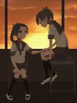  2girls ayanami_(kancolle) black_neckerchief black_ribbon black_socks brown_eyes brown_hair brown_sailor_collar brown_skirt chair cloud collarbone commentary_request desk from_side full_body hair_ribbon highres indoors kantai_collection kneehighs long_hair looking_at_another medium_hair multiple_girls neckerchief on_chair on_desk orange_sky parted_bangs parted_lips pleated_skirt ponytail ribbon sailor_collar school_chair school_desk school_uniform serafuku shikinami_(kancolle) shirt shoes short_sleeves siblings sisters sitting skirt sky socks sunset uwabaki wachi_(hati1186) white_shirt white_shoes window 