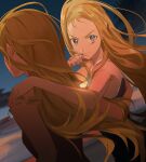  2girls absurdres bare_arms bare_shoulders beach blonde_hair blood blood_on_face blue_eyes blue_one-piece_swimsuit blurry blurry_background clone cloud commentary competition_swimsuit dutch_angle english_commentary floating_hair forehead from_behind glowing_jewelry highres jewelry kofune_ushio ling5707 long_hair looking_at_viewer looking_back multiple_girls necklace one-piece_swimsuit scratches serious shell shell_necklace sky smeared_blood summertime_render sunset swimsuit twilight wiping_mouth 
