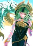  1girl arm_wrap breasts commentary_request dress fire_emblem fire_emblem:_fortune's_weave green_eyes green_hair hair_ornament headpiece highres krsm_irst long_hair looking_at_viewer medium_breasts open_mouth pointy_ears purple_dress ribbon solo sothis_(adult)_(fire_emblem) sothis_(fire_emblem) tassel tassel_hair_ornament very_long_hair white_background 