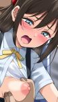  1boy 1girl blue_eyes blush bra breasts breasts_out brown_hair close-up commentary_request fingernails grabbing_another's_breast grabbing_from_behind groping hair_ribbon half-closed_eyes heavy_breathing hetero long_hair looking_down love_live! love_live!_nijigasaki_high_school_idol_club medium_breasts nijigasaki_school_uniform nipples open_clothes open_mouth open_shirt osaka_shizuku ribbon school_uniform sweat tearing_up underwear white_bra yopparai_oni 