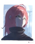 1girl absurdres alternate_costume alternate_hair_length_(shorter) alternate_hairstyle blue_sky closed_mouth commentary green_eyes hair_between_eyes highres looking_to_the_side m3ar1_coconut outdoors portrait red_hair sky solo turtleneck twitter_username ukinami_yuzuha untranslatable_commentary zenless_zone_zero 