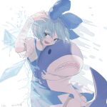  1girl :d abi_(kabe) absurdres arm_up artist_name blue_bow blue_dress blue_eyes blue_hair bow cirno collared_shirt commentary_request cowboy_shot dated double-parted_bangs dress hair_between_eyes hair_bow highres ice ice_wings open_mouth pinafore_dress shirt short_hair short_sleeves simple_background sleeveless sleeveless_dress smile solo splashing stuffed_animal stuffed_shark stuffed_toy touhou white_background white_shirt wings 