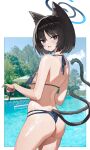  1girl animal_ears ass bikini black_eyes black_hair blue_archive blue_bikini blue_halo blue_tail blush cat_ears cat_girl cat_tail chinese_commentary commentary_request from_behind front-tie_bikini_top_pull_pose_(han-0v0) gradient_tail halo halterneck highres hongshao_tu_tou_bei_bei_xiang kikyou_(blue_archive) kikyou_(swimsuit)_(blue_archive) looking_at_viewer multi-strapped_bikini_bottom multiple_tails official_alternate_costume short_hair solo swimsuit tail two_tails 