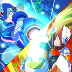  2boys aiming aiming_at_viewer android arm_cannon armor attacking_viewer blonde_hair blue_armor blue_helmet clenched_teeth commentary_request dated energy_sword forehead_jewel gatling-hijiki green_eyes helmet highres holding holding_sword holding_weapon long_hair male_focus mega_man_(series) mega_man_day mega_man_x_(series) multiple_boys red_armor red_helmet split_screen sword teeth watermark weapon x_(mega_man) z_saber zero_(mega_man) 