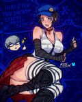  1boy 1girl ass black_hair blue_background blue_eyes blue_hat blush breasts choker cleavage collarbone commentary elbow_gloves english_commentary english_text fingerless_gloves flustered gloves hat hatidraw marie_(persona_4) narukami_yu necktie persona persona_4 persona_4_revival persona_4_the_golden plaid_clothes plaid_skirt shirt short_hair skirt sleeveless sleeveless_shirt striped_clothes striped_thighhighs thighhighs thighs upskirt 