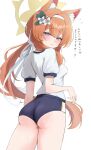  1girl animal_ear_fluff animal_ears ass blue_archive blue_buruma blue_eyes blush breasts buruma cat_ears cat_girl commentary_request flower from_behind hair_flower hair_ornament hairband halo highres long_hair low_ponytail mari_(blue_archive) mari_(track)_(blue_archive) nuuuukoame official_alternate_costume official_alternate_hairstyle orange_hair parted_lips ponytail shirt short_sleeves small_breasts solo t-shirt translation_request very_long_hair white_flower white_hairband white_shirt yellow_halo 
