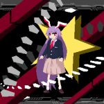  1girl animal_ears arm_at_side black_suit brown_shoes closed_mouth commentary_request danmaku finger_gun full_body highres imperishable_night long_hair looking_ahead looking_at_viewer medium_skirt necktie pink_skirt pixel_art purple_hair rabbit_ears rabbit_girl red_eyes red_necktie reisen_udongein_inaba ruru2koichi shirt shoes skirt smirk socks solo standing star_(symbol) suit touhou very_long_hair white_shirt white_socks zun_pose 