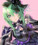  1girl absurdres armor bow breasts brown_gloves cleavage closed_mouth commentary_request crossed_bangs fascinator fire_emblem fire_emblem:_fortune's_weave gloves green_eyes green_hair hair_between_eyes hat hat_bow highres iipzeyjhms0dohl looking_at_viewer medium_breasts mini_hat ninae_(fire_emblem) pink_background purple_bow short_hair_with_long_locks shoulder_armor simple_background solo sparkle translation_request 