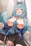  1boy 1girl :d absurdres animal_ear_fluff animal_ears black_hairband black_pantyhose blue_hair breasts breasts_out censored choker commentary_request commission cowgirl_position cum cum_in_pussy cum_overflow detached_collar dutch_angle girl_on_top hair_intakes hairband hetero highres hiyori_(meridian_project) holding_hands huge_breasts interlocked_fingers kuromiz long_hair looking_at_viewer meridian_project mosaic_censoring motion_blur nipples open_mouth pantyhose penis pink_eyes pov pussy sex skeb_commission smile straddling tail torn_clothes torn_pantyhose vaginal variant_set white_choker wolf_ears wolf_girl wolf_tail 