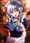  2girls apron black_wrist_cuffs blue_dress blue_eyes blush braid breasts brick_wall day dress female_pov fingernails flower food_in_mouth highres hong_meiling izayoi_sakuya kabedon katayama_kei maid maid_apron maid_headdress medium_breasts mouth_hold multiple_girls nail_polish outdoors pov red_flower red_rose rose short_hair solo_focus touhou twin_braids white_hair wrist_cuffs yuri 