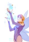  1girl alternate_costume bare_shoulders brown_eyes closed_mouth coin cowboy_shot earrings english_commentary fairy fairy_wings floating_earrings from_side gogoose_(amazingeuuurus) gold_coin hands_up highres jewelry leotard long_sleeves looking_up nami_(one_piece) one_piece orange_hair pantyhose purple_leotard purple_pantyhose short_hair signature smile solo sparkle sphere_earrings wings 
