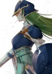  1girl armor blood blood_on_face blue_armor blue_eyes breastplate breasts closed_mouth commentary_request fire_emblem fire_emblem:_path_of_radiance from_side green_eyes green_hair helmet highres hk_539099410 holding holding_shield long_hair medium_breasts nephenee_(fire_emblem) serious shield shoulder_armor solo white_background 