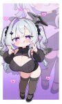  1girl absurdres amane_konata angel angel_wings aran_sweater asymmetrical_bangs black_halo black_ribbon black_shoes black_sweater black_thighhighs black_wings blush breasts cable_knit cleavage cleavage_cutout clothing_cutout colored_inner_hair commentary deformed detached_sleeves full_body furrowed_brow grey_hair hair_ribbon halo heart heart-shaped_pupils highres hololive kani_bonara large_breasts leaning_forward licking_lips long_hair mini_wings multicolored_hair open-chest_sweater polka_dot polka_dot_background purple_eyes purple_hair raised_inner_eyebrows ribbon shoes shortstack single_hair_intake skindentation sleeveless sleeveless_turtleneck smug solo standing star_halo sweater symbol-shaped_pupils thighhighs thighs tongue tongue_out turtleneck two_side_up untranslatable_commentary v wings zoom_layer 