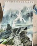  closed_mouth commentary english_commentary full_body highres horns iron_crown mofinngram no_humans non-humanoid_robot outdoors painting_(medium) partially_colored photo_(medium) pokemon pokemon_(creature) pokemon_focus rearing robot robot_animal solo traditional_media unfinished watercolor_(medium) 