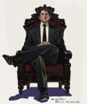  1boy absurdres artist_name black_jacket black_necktie black_pants black_shoes black_suit brown_eyes brown_hair closed_mouth collared_shirt commentary figure_four_sitting full_body hands_on_lap highres jacket lapels loafers long_sleeves looking_at_viewer male_focus nanora necktie on_throne original own_hands_together pants serious shirt shoes short_hair simple_background sitting solo straight-on suit suit_jacket throne twitter_username very_short_hair white_background white_shirt 