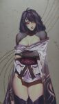  1girl alt_text artist_name bekus black_bridal_gauntlets breasts bridal_gauntlets cleavage closed_mouth commentary crack english_commentary genshin_impact highres japanese_clothes kimono long_hair looking_to_the_side medium_breasts mole mole_on_breast mole_on_thigh mole_under_eye obi purple_eyes purple_hair purple_kimono purple_thighhighs raiden_shogun red_sash sash solo stone_wall thick_thighs thighhighs thighs 