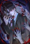  1boy absurdres antlers belt black_belt black_eyes black_hair black_jacket black_necktie black_pants blood blood_on_cheek blood_on_clothes blood_on_neck blood_spray bluewel closed_mouth collared_shirt commentary_request cowboy_shot disembodied_hand fingernails gwechul highres holding holding_mask horns jacket kim_soleum long_fingernails looking_at_viewer male_focus mask necktie pants parted_bangs red_pupils shadow sharp_fingernails shirt short_hair solo standing stuffed_animal stuffed_rabbit stuffed_toy surrounded_by_hands white_shirt 