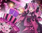  1girl bell birthday_cake black_gloves braid cake candle cross_hair_ornament crown demon_girl demon_horns demon_wings dress elbow_gloves food frilled_dress frills gloves hair_bell hair_ornament hair_ribbon highres horns indie_virtual_youtuber ironmouse long_hair multicolored_hair open_mouth pink_hair purple_eyes purple_streaks ribbon roisin streaked_hair tearing_up virtual_youtuber white_horns wings 