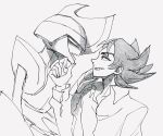  1boy 1other arm_blade bisharp black_hair dress_shirt facing_another fake_horns giacomo_(pokemon) graphite_(medium) grin hand_on_another's_cheek hand_on_another's_chin hand_on_another's_face helmet highres horned_helmet horns looking_at_another monochrome open_mouth pokemon pokemon_(creature) pokemon_scarlet_and_violet shirt shoulder_pads sketch smile spiked_hair taunting traditional_media umi-be-to unfinished upper_body weapon white_background white_shirt 