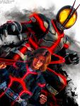  1boy absurdres black_bodysuit black_jacket bodysuit brown_hair commentary_request cowboy_shot faiz_driver helmet henshin henshin_pose highres jacket kamen_rider kamen_rider_555 kamen_rider_faiz obakelope0530 tokusatsu 