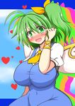  :d blush bow breasts daiyousei drop_shadow fairy_wings full-face_blush green_eyes green_hair hair_bow hand_to_head heart huge_breasts open_mouth rindou_(p41neko) shadow shirt side_ponytail smile solo taut_clothes taut_shirt touhou wings 