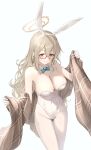  1girl absurdres akane_(blue_archive) akane_(bunny)_(blue_archive) animal_ear_hairband animal_ears aqua_bow aqua_bowtie bare_shoulders blue_archive blush bow bowtie breasts brown-framed_eyewear brown_eyes brown_hair brown_halo brown_shawl cleavage closed_mouth commentary covered_groin covered_navel cowboy_shot detached_collar double-parted_bangs english_commentary fake_animal_ears glasses gloves greenkohgen hair_between_eyes hairband halo hands_up highleg highleg_leotard highres large_breasts leotard long_hair looking_at_viewer official_alternate_costume pantyhose plaid_clothes plaid_shawl playboy_bunny rabbit_ear_hairband rabbit_ears shawl sidelocks simple_background smile solo very_long_hair w_arms white_background white_gloves white_hairband white_leotard white_pantyhose 