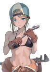  1girl adjustable_wrench backwards_hat baseball_cap bikini bikini_top_only black_bikini blonde_hair blue_eyes breasts hat highres holding holding_wrench jumpsuit jumpsuit_around_waist looking_at_viewer navel original parted_lips sai_(abyss05) short_hair simple_background small_breasts solo stomach swimsuit upper_body white_background wrench 