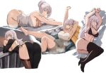  1girl akihitoevon alternate_costume alternate_hairstyle ass black_dress black_panties black_thighhighs blue_eyes bra breasts commentary commission dress echidna_(re:zero) long_hair looking_at_viewer looking_back lying naked_towel on_side onsen panties partially_submerged re:zero_kara_hajimeru_isekai_seikatsu sidelocks sitting smile standing thighhighs towel underwear wariza wet white_hair 