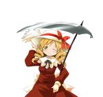  blonde_hair bow commentary_request cosplay dress drill_hair elly elly_(cosplay) hat hat_bow holding holding_scythe mahou_shoujo_madoka_magica ninifu one_eye_closed ribbon scythe short_hair smile solo tomoe_mami touhou touhou_(pc-98) transparent_background twin_drills twintails yellow_eyes 