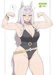  ! 1girl absurdres animal_ears armpits biceps black_one-piece_swimsuit breasts casual_one-piece_swimsuit cleavage clenched_hands collarbone commentary flexing gold_ship_(run_revolt_launcher)_(umamusume) gold_ship_(umamusume) grey_hair grey_tail hands_up highleg highleg_one-piece_swimsuit highres horse_ears horse_girl horse_tail large_breasts long_hair muscular muscular_arms muscular_female official_alternate_costume one-piece_swimsuit sakuzoarts simple_background smile spoken_exclamation_mark squinting swimsuit tail thick_thighs thighs umamusume white_background 
