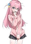  1girl black_skirt blue_eyes blush bocchi_the_rock! cube_hair_ornament flustered flying_sweatdrops gotoh_hitori hair_between_eyes hair_ornament highres jacket long_hair long_sleeves looking_at_viewer one_side_up open_mouth pink_hair pink_jacket pleated_skirt simple_background skirt solo sweat track_jacket tsuhyo white_background 