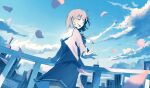  1girl :d ^_^ absurdres blue_sailor_collar blue_shirt blue_skirt blue_sky blurry blurry_foreground blush bob_cut cityscape closed_eyes cloud commentary_request contrail cowboy_shot day falling_petals fingernails floating_clothes from_behind hand_on_railing highres indie_utaite karan_(utaite) long_sleeves looking_back neck_ribbon open_mouth outdoors outstretched_arm petals pleated_skirt purple_hair railing red_ribbon ribbon rocket_ship ryane_(yry_0) sailor_collar school_uniform serafuku shirt short_hair skirt sky smile solo spacecraft spread_fingers standing sunlight turning_head upper_body utaite waving wind 