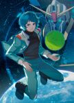  1boy aeug black_boots black_jacket black_pants black_shirt blue_eyes blue_hair boots closed_mouth commentary earth_(planet) floating_clothes green_eyes gundam haro highres jacket kamille_bidan kasumi_(skchkko) long_sleeves looking_at_viewer male_focus mecha military_uniform mobile_suit nebula non-humanoid_robot open_clothes open_jacket pants pet planet robot science_fiction shirt short_hair smile space star_(sky) turtleneck turtleneck_shirt v-fin zero_gravity zeta_gundam zeta_gundam_(mobile_suit) 