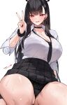  1girl :d absurdres alternate_costume black_choker black_hair black_necktie black_panties black_scrunchie black_skirt blue_archive blush breasts choker commentary_request hair_ornament hairclip halo hand_up highres large_breasts long_hair looking_at_viewer mono_(mo_n_mno) nail_polish necktie open_mouth paid_reward_available panties pleated_skirt red_eyes red_nails rio_(blue_archive) scrunchie shirt shirt_tucked_in simple_background skirt smile solo sweat thighs underwear v white_background white_shirt wrist_scrunchie 