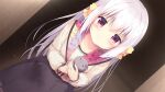  1girl black_skirt blush bow closed_mouth collarbone dirty dirty_clothes dutch_angle floral_print game_asset hair_between_eyes hair_bow hair_ribbon holding holding_stuffed_toy inae_koron indoors koi_ni_kanmi_o_soete long_hair long_sleeves looking_at_viewer miyasaka_miyu miyasaka_naco pleated_skirt red_eyes ribbon shirt skirt solo stuffed_animal stuffed_cat stuffed_toy very_long_hair white_hair white_shirt yellow_bow yellow_ribbon 