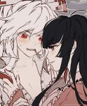  2girls black_hair blush brown_eyes cigarette commentary_request face-to-face fujiwara_no_mokou hair_ribbon hand_on_own_chin houraisan_kaguya kawacy long_hair looking_at_another multiple_girls open_clothes open_shirt red_eyes ribbon shirt smile smoke sweat touhou unfinished white_hair yuri 