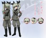  anchovy anzio_military_uniform belt black_footwear black_shirt boots character_sheet concept_art dress_shirt expressions girls_und_panzer grey_jacket grey_pants grin hair_ribbon hand_on_hip jacket knee_boots long_sleeves military military_uniform multiple_views necktie official_art pants red_eyes ribbon riding_crop shirt shoulder_belt silver_hair smile standing sugimoto_isao translated turnaround twintails uniform 