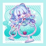  1girl :d ahoge blue_eyes blue_hair blue_sailor_collar blue_shoes blue_skirt blush_stickers border bow cherry chibi chibi_only cirno commentary_request copyright_name diagonal-striped_background double-parted_bangs food frilled_skirt frills fruit full_body green_border green_bow hair_bow inukkomaru kneehighs looking_at_viewer lowres melon_soda neckerchief open_mouth outline outside_border red_neckerchief sailor_collar school_uniform serafuku shirt shoes short_hair short_sleeves sitting skirt smile socks solo striped_background striped_bow touhou v-shaped_eyebrows white_outline white_shirt white_socks 