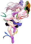  alphes_(style) dairi full_body grey_eyes grey_hair hat long_hair long_sleeves mononobe_no_futo open_mouth parody ponytail ribbon shirt skirt sleeves_past_wrists solo style_parody touhou transparent_background wide_sleeves 