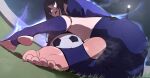 1girl absurdres ado_(utaite) ass aura ball black_hair blue_eyes blue_lock blue_shirt blue_shorts chando_(ado) commentary english_commentary esmile feet foot_focus foreshortening grass highres long_bangs long_hair looking_at_viewer looking_back night on_floor outdoors shirt shorts soccer soccer_ball soccer_uniform soles solo sportswear steaming_body stirrup_legwear teeth tiptoes toeless_legwear toenails toes unfinished upper_teeth_only utaite 