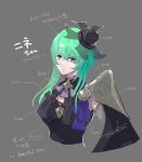  1girl breasts commentary_request cropped_torso crossed_bangs english_text fascinator fire_emblem fire_emblem:_fortune's_weave green_eyes green_hair grey_background hair_between_eyes hat highres jewelry looking_at_viewer medium_breasts mini_hat necklace ninae_(fire_emblem) short_hair_with_long_locks simple_background solo translation_request uminootakutsuna 