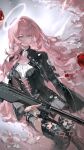  1girl absurdres ai_arctic_warfare arknights black_boots black_dress black_jacket bolt_action boots chinese_commentary closed_mouth commentary_request dress flower gun halo highres holding holding_gun holding_weapon jacket lace-up_boots lemuen_(arknights) lin_beichao_lingmi long_hair long_sleeves looking_at_viewer pink_eyes pink_flower pink_hair rifle short_dress sitting smile sniper_rifle solo thigh_boots traditional_halo weapon 