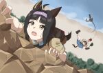  2girls ahoge alternate_costume animal_ears backpack bag black_hair blue_shirt blue_shorts breast_pocket brown_bag brown_eyes brown_hair brown_jacket brown_shoes cliff climbing commentary ear_covers epiphaneia_(umamusume) falling grappling_gun green_helmet hair_intakes hair_ornament hairband hairclip helmet highres holding horse_ears horse_girl horse_tail jacket logotype_(umamusume) medium_hair mixed-language_commentary multicolored_hair multiple_girls no_eyes open_mouth outdoors pakatube peak_(game) pink_hairband pocket polka_dot_hairband shirt shoes short_sleeves shorts socks sweatdrop tail teeth umamusume unworn_headwear unworn_helmet upper_teeth_only white_socks zaki_(zakio_999) 