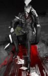  1boy absurdres armchair black_pants black_shoes blood blood_on_clothes blood_on_face blood_on_ground chair colored_skin commentary dress_shoes grey_hair grey_skin hand_up highres laurels limbus_company mement_void pants project_moon red_eyes shoes sitting solo vergilius_(project_moon) 