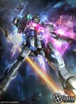 absurdres aiming arm_shield asteroid beam_rifle black_border border commentary_request company_name copyright_logo copyright_name copyright_notice cropped energy_barrier energy_gun energy_shield green_eyes gun gundam gundam_card_game highres holding holding_energy_gun holding_gun holding_weapon logo mecha mecha_focus mobile_suit no_humans official_art raruru realistic robot science_fiction solo space star_(sky) sunrise_(company) v-fin v_gundam victory_gundam weapon 