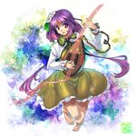  barefoot biwa_lute chain dress flower green_dress hair_flower hair_ornament instrument long_hair long_sleeves looking_at_viewer lute_(instrument) music musical_note playing_instrument puffy_sleeves purple_eyes purple_hair shirt smile solo touhou tsukumo_benben twintails umigarasu_(kitsune1963) very_long_hair 