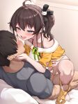  1boy 1girl :d ahoge bar_censor black_camisole black_ribbon blue_eyes blush bottomless bow bow_panties breasts brown_hair camisole cat_hair_ornament censored collarbone commentary_request cowgirl_position cropped_jacket faceless faceless_male girl_on_top grey_shirt hair_between_eyes hair_ornament hair_ribbon halterneck hetero highres hololive indoors jacket looking_at_another lying mosaic_censoring natsuiro_matsuri natsuiro_matsuri_(1st_costume) non_non_moral off-shoulder_jacket off_shoulder on_back on_bed open_mouth orange_jacket paid_reward_available panties panties_around_one_leg penis ribbon shirt short_hair short_sleeves side_ponytail small_breasts smile solo_focus spaghetti_strap squatting_cowgirl_position straddling teeth textless_version underwear upper_teeth_only variant_set veins veiny_penis very_short_hair virtual_youtuber yellow_panties 