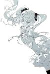  1girl absurdres expressionless floating_clothes floating_hair frilled_shirt frills greyscale hair_between_eyes hair_ornament hands_up hatsune_miku highres holding holding_microphone indai_(3330425) long_hair microphone monochrome necktie parted_lips pleated_skirt shirt simple_background skirt solo twintails very_long_hair vocaloid white_background 