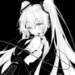  1girl arm_tattoo black_background blush closed_mouth commentary detached_sleeves dot_mouth greyscale hair_between_eyes hair_ornament hatsune_miku indai_(3330425) long_hair looking_at_viewer monochrome nail_polish number_tattoo shirt simple_background sleeveless sleeveless_shirt solo tattoo twintails very_long_hair vocaloid 